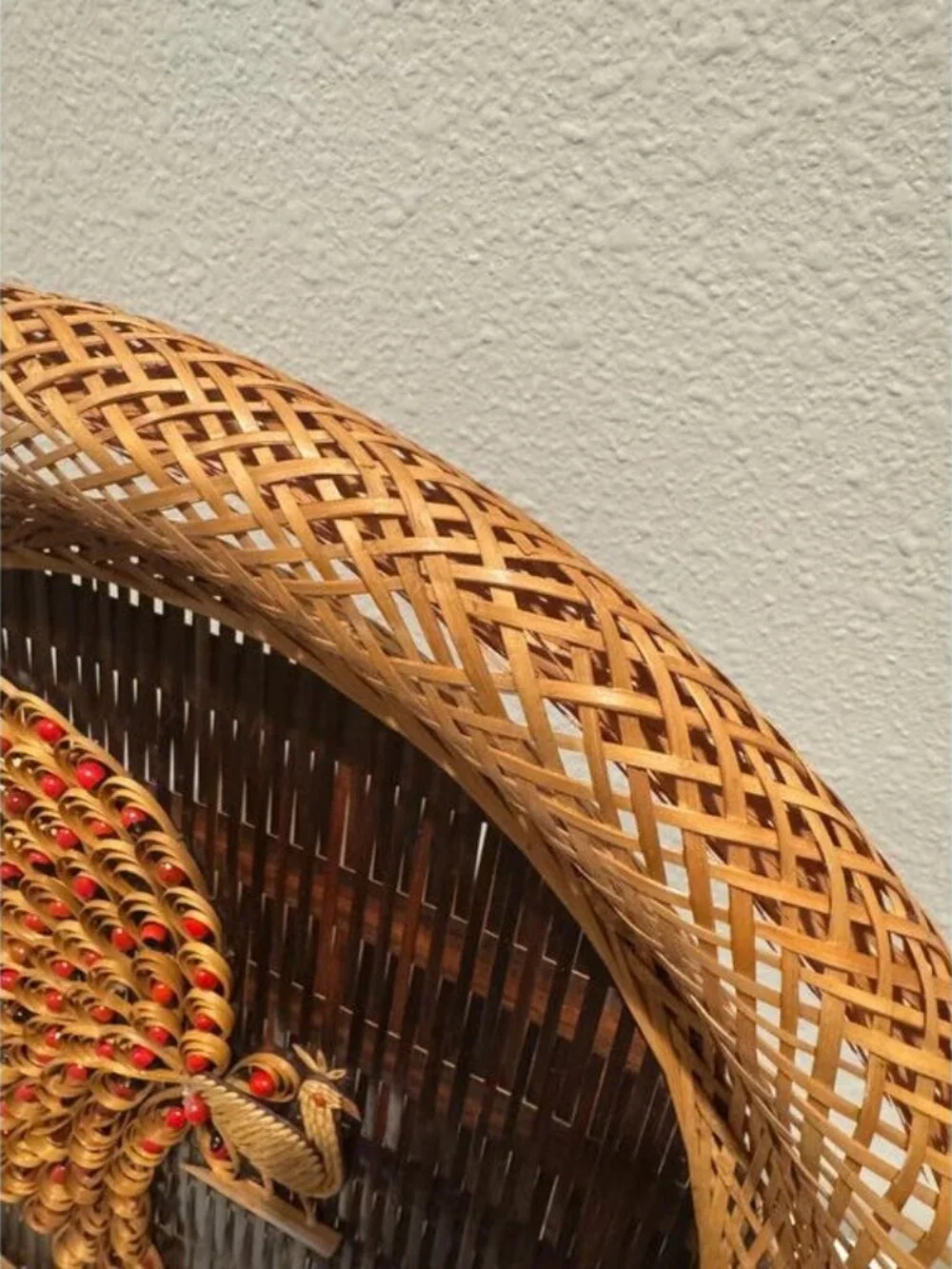 Vintage Bamboo Peacock Wall Decor, Handwoven Woven Basket Tray, Bird Wall Hangin